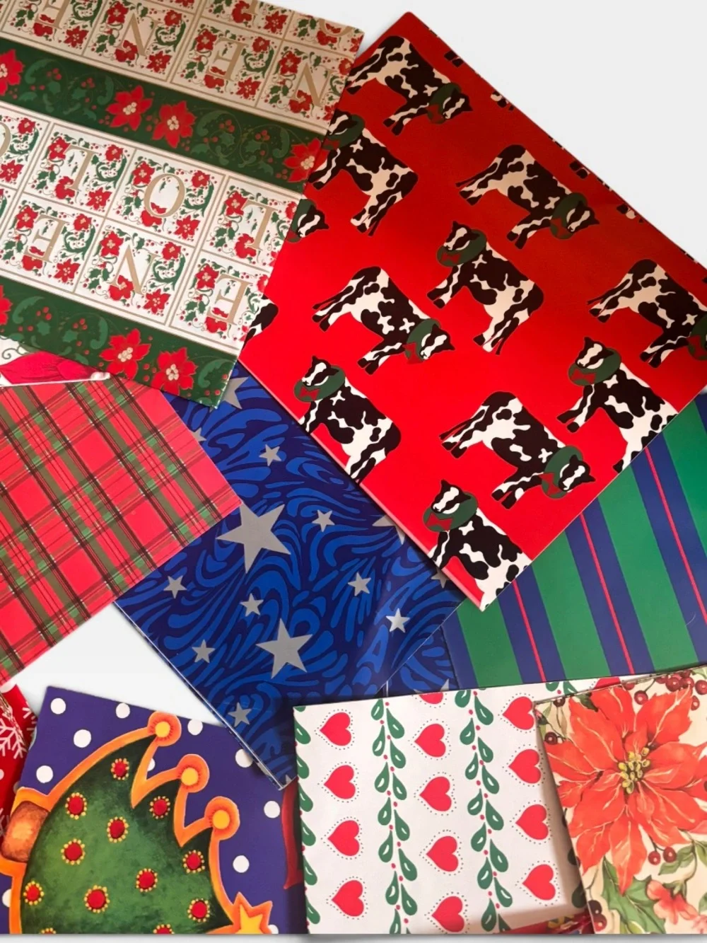 Large lot of Vintage 90s Christmas Wrapping Paper|Cows,Moons,Stars,Plaid